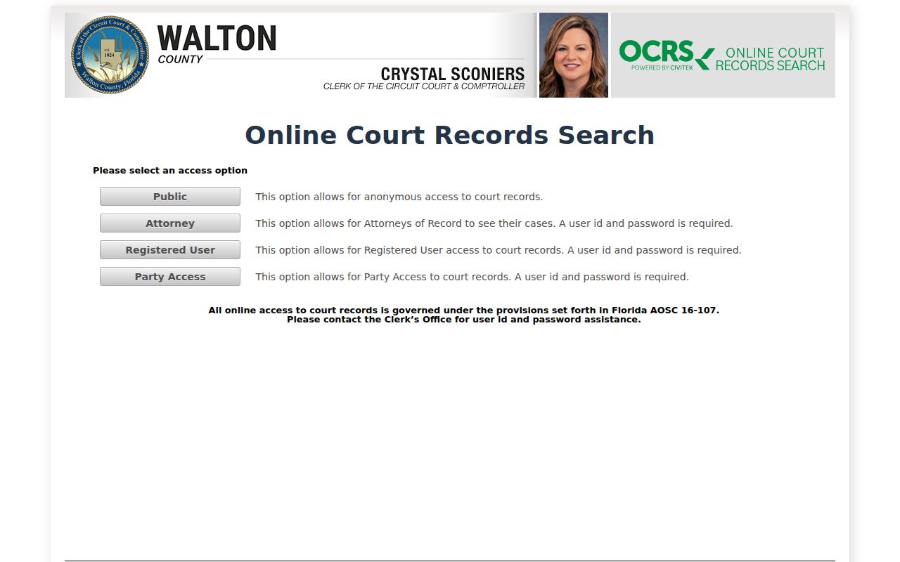 Walton County eCaseView public court record search screen