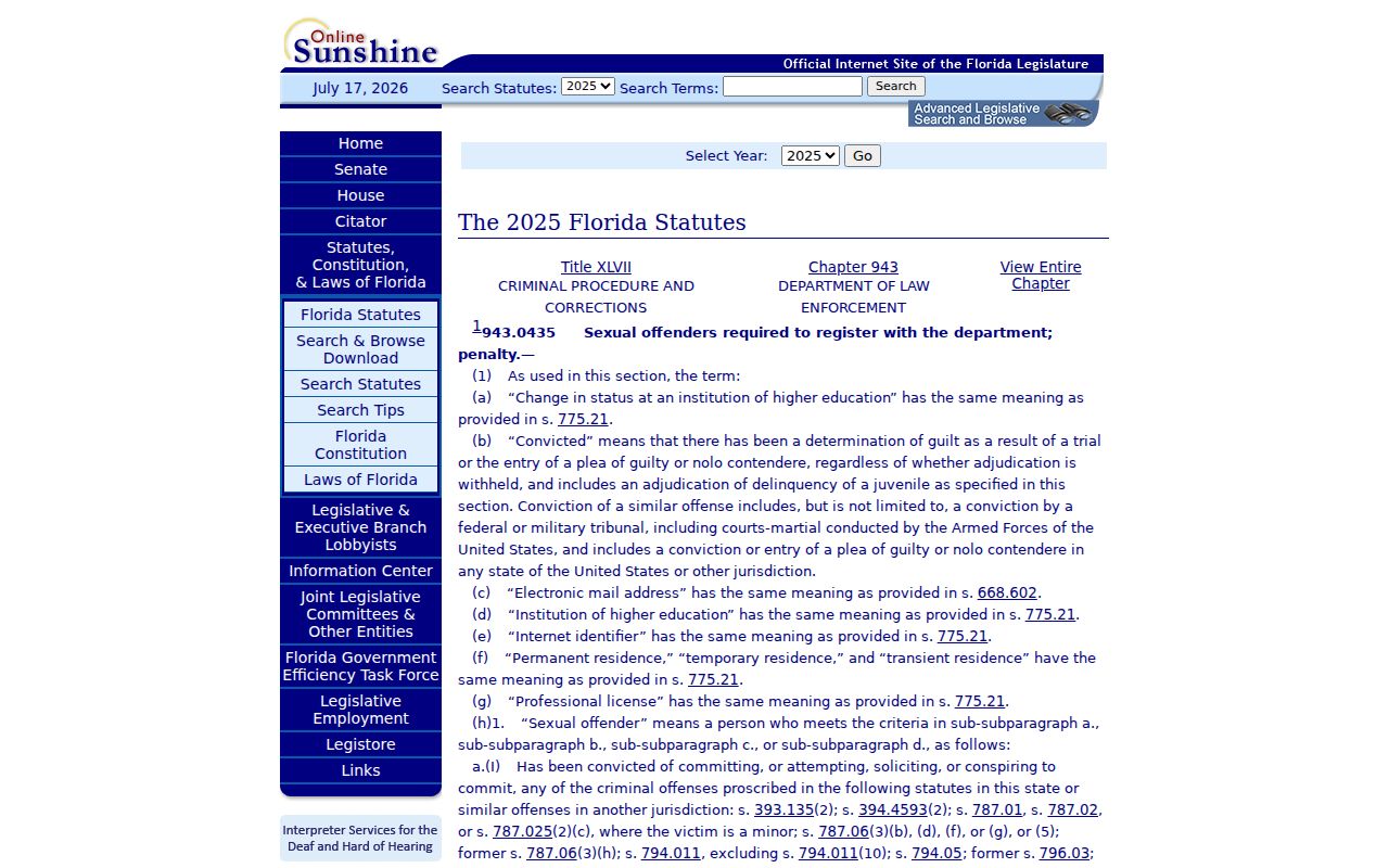 Florida law for Walton County sex offender registration